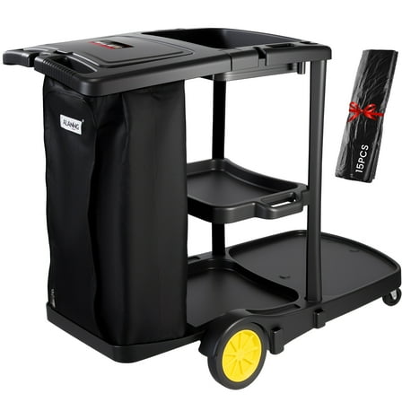Nbcleanic Cleaning Cart for Housekeeping & Commercial Use, Janitorial Service Cart with 15 Disposable Trash Bags, Hotel Office School Cleaning Trolley (Black)