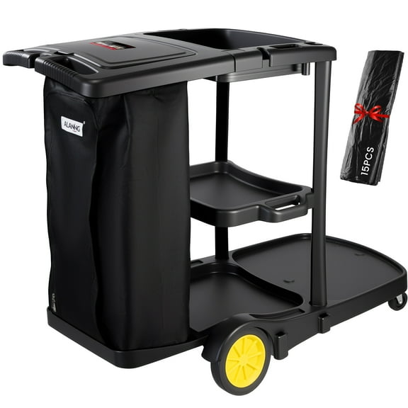 Nbcleanic Cleaning Cart for Housekeeping & Commercial Use, Janitorial Service Cart with 15 Disposable Trash Bags, Hotel Office School Cleaning Trolley (Black)