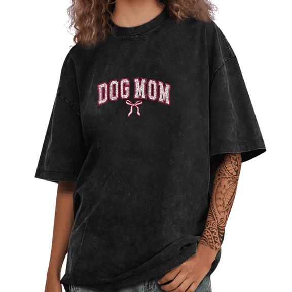 Black Washed Dog Mom Pink Bow Glitter Print Tshirt Graphic Tees Shirts Casual S-2XL Tops