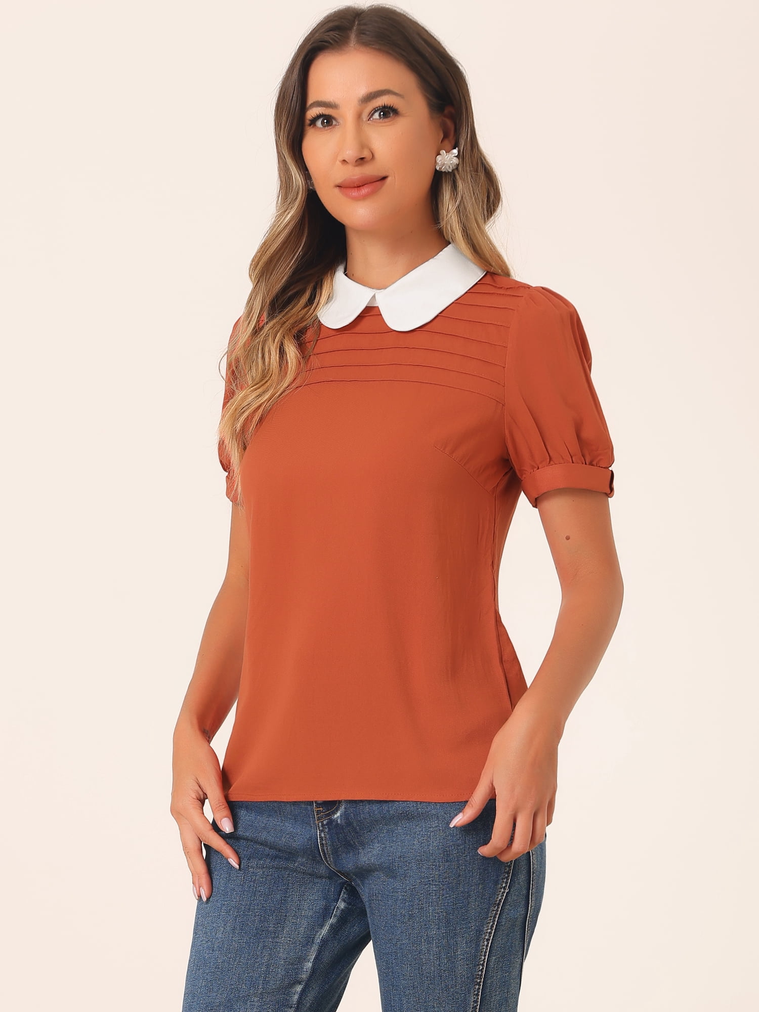 DARING DIVA Contrast Puff Short Sleeve Blouse Top S Caramel