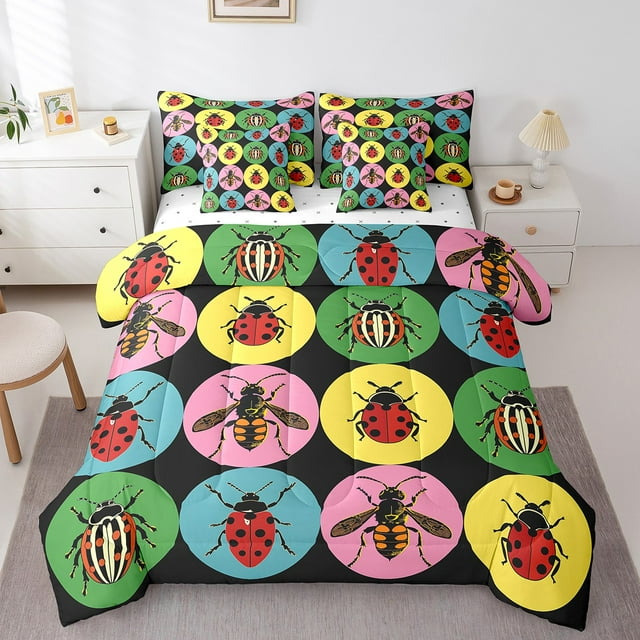 YST Ensemble de Douillette Grand à Motif d'Insectes de Dessin Animé 7 Pcs, Rouge Ladybug Lit Tout-en-un avec Ensemble de Draps pour Enfants Adultes, Ensemble de Literie à Imprimé Géométrique de Cercles et d'Animaux, Ensemble de Lit Réversible à Pois Colorés