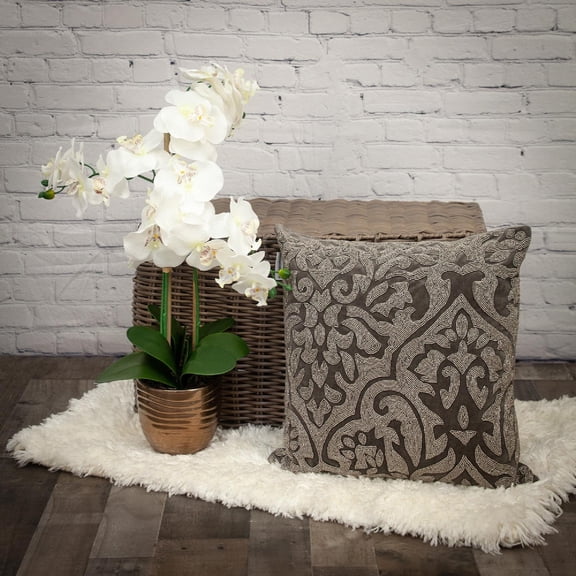 Nassau Collection Beaded Damask Embroidered Velvet Throw Pillow - 18" - Gray and Silver