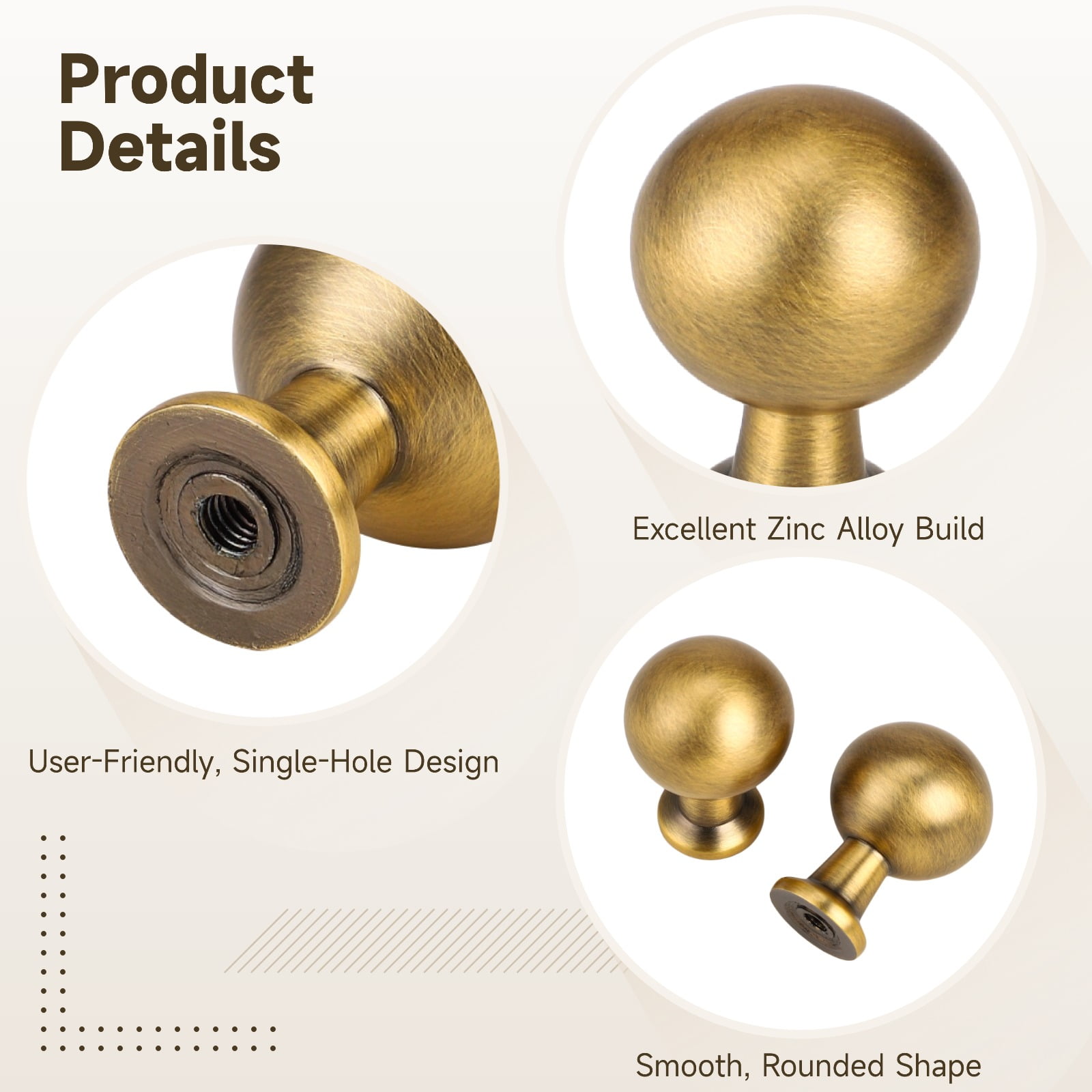 12 Pack Ball Brass Antique Cabinet Knobs – Round Zinc Alloy Drawer Pulls | Vintage 0.89" Ball Knobs for Kitchen Cabinets, Dressers & Furniture Hardware, Easy Single-Hole Installation