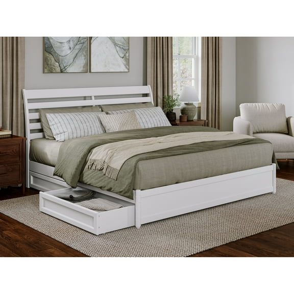 Emelie King Wood Platform Bed with Panel Footboard and Storage Drawers in White