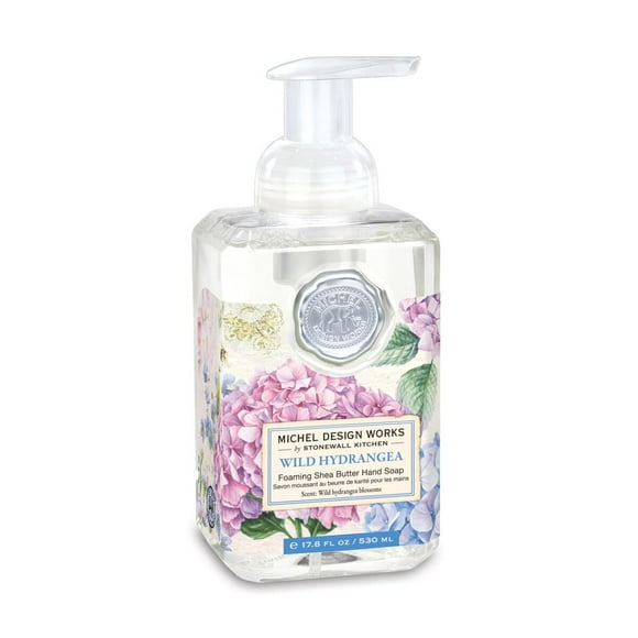 Michel Design Works Savon Moussant pour les Mains 17.8oz, Parfum et Design Hortensia, Mélange Beurre de Karité et Aloe Vera, Beau Contenant Carré avec Pompe
