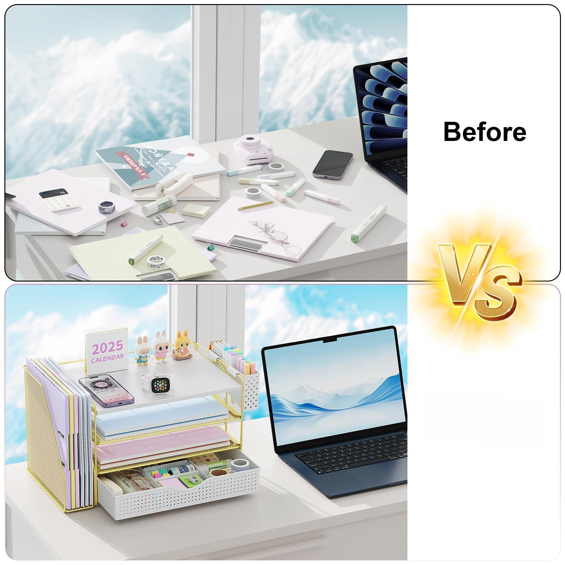 Wood Desk Organizers And Accessories With File Holder  4-tier & Workspace Drawer Pen Paper Organizer For Office Supplies (gold)