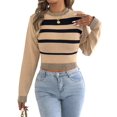 thumbnail image 3 of Women Casual Color Block Stripe Ribbed Crew Neck Slim Cropped Long Sleeve Knit Pullover Sweater Khaki M, 3 of 10