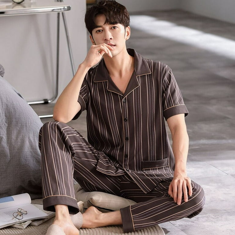PIKADINGNIS Men Sleepwear Set Short Sleeve Long Pant Male Pajama