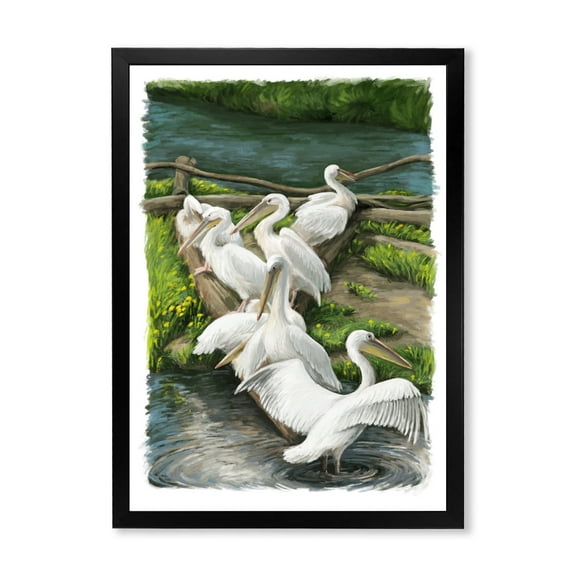 Designart 'Pelicans Resting Near The river Water' Traditional Framed Art Print