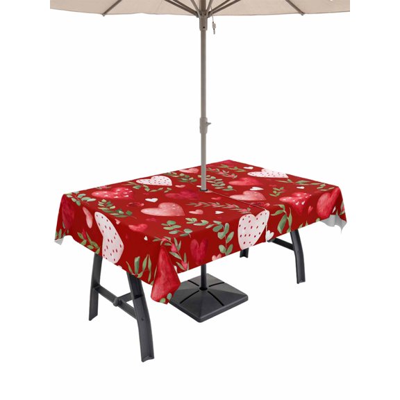 Outdoor Tablecloth with Umbrella Hole and Zipper, Valentines Rectangle Table Cloth 60x102 Inch Waterproof Tablecloth, Pink Red Love Heart Spring Green Botanical Picnic Table Cover for Patio Camping