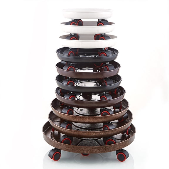 Round Plant Caddy with Wheels and Drainage Tray, Heavy-Duty Metal Rolling Flower Pot Stand with Rubber Casters and Water Catch Box