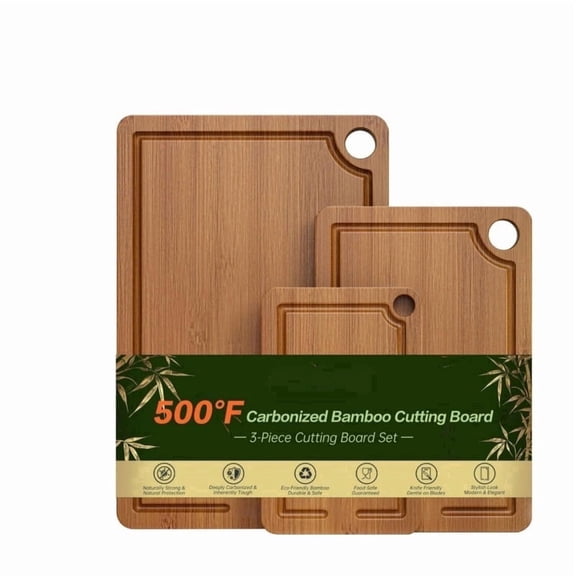 QOPR 3-Piece Bamboo Cutting Board Set, Wood Cutting Boards for Kitchen, Charcuterie Board Set with Juice Groove and Hanging Hole