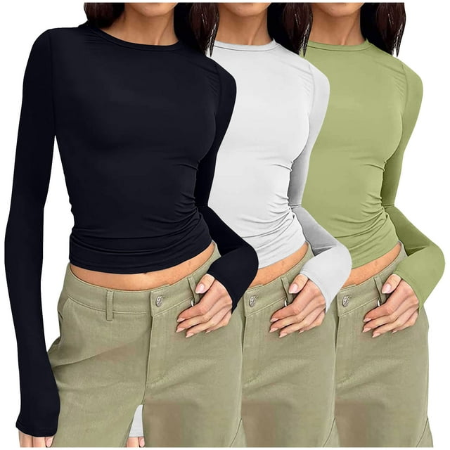 Pisexur 3 Pcs Hauts d'Automne pour Femmes Manches Longues Hauts pour Femme Mode T-Shirts Courts Col Rond Décontractés Ajustés Blouses Unies Chandail Tops Basiques T-Shirts d'Automne