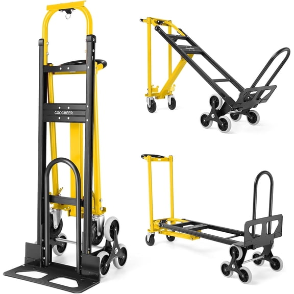 1000LBS Heavy Duty Aluminum Stair Climbing Dolly, 3 in 1 Convertible Hand Truck, Folding Hand Truck Dolly Cart with Solid Wheels for Moving/Travel/Office (Yellow)