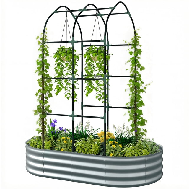 Galvanised Metal Raised Garden Bed with Arched Trellis, 5x3x6ft Silver Outdoor Planter Box for Vegetables and Herbs, Open Bottom Modular Design for Patio and Backyard Garden