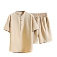 thumbnail image 1 of Two Piece Pants Sets Mens Two Piece Solid Cotton Linen Short Sleeve V Neck Tops and Shorts Set, 1 of 1