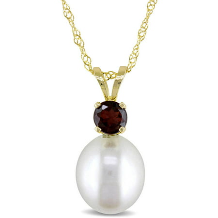 Tangelo 8-8.5mm White Cultured Freshwater Pearl and 1/3 Carat T.G.W. Garnet 14kt Yellow Gold Fashion Pendant, 17