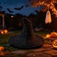 thumbnail image 3 of Handmade Rattan Woven Witch Hat Halloween Decor, Natural Straw Craft Hat Ornament, Rustic Farmhouse Spooky Decor for Tabletop Shelf Mantel Porch Fall Home Decoration Display Prop, Black, 3 of 4