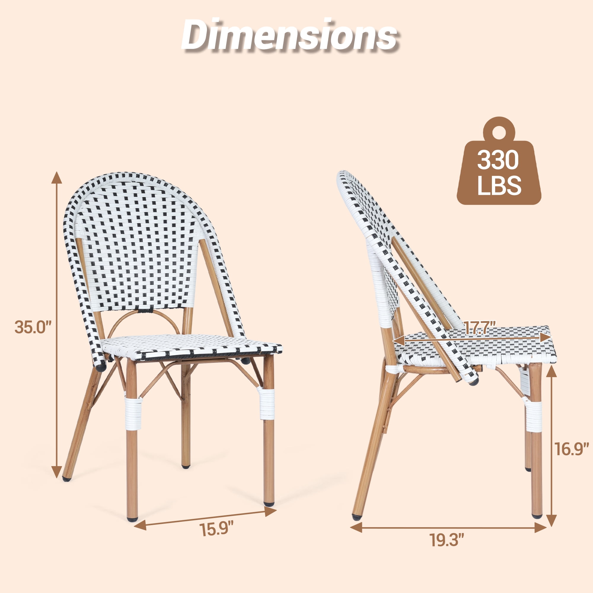 DELMANGO 2-Piece Wicker Outdoor French Bistro Chairs, Armless Patio Chairs, Stackable Dining Chairs with Metal Frame, White/Black