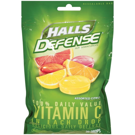 Halls Defense Vitamin C Supplement Drops, Assorted Citrus, 30 Ct