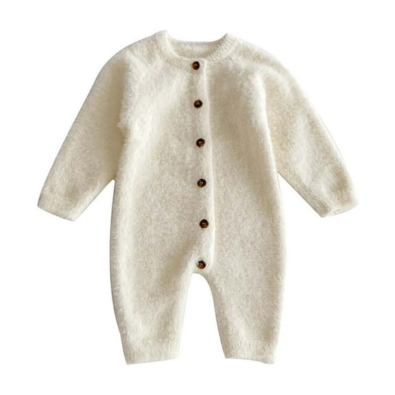 PINQI Baby Boys Girls Sweater Jumpsuit Children Solid Color Long Sleeve Thick Sweater Warm Fall Winter Outfit Clothes 0-18 Months(Beige,6-12 Months)