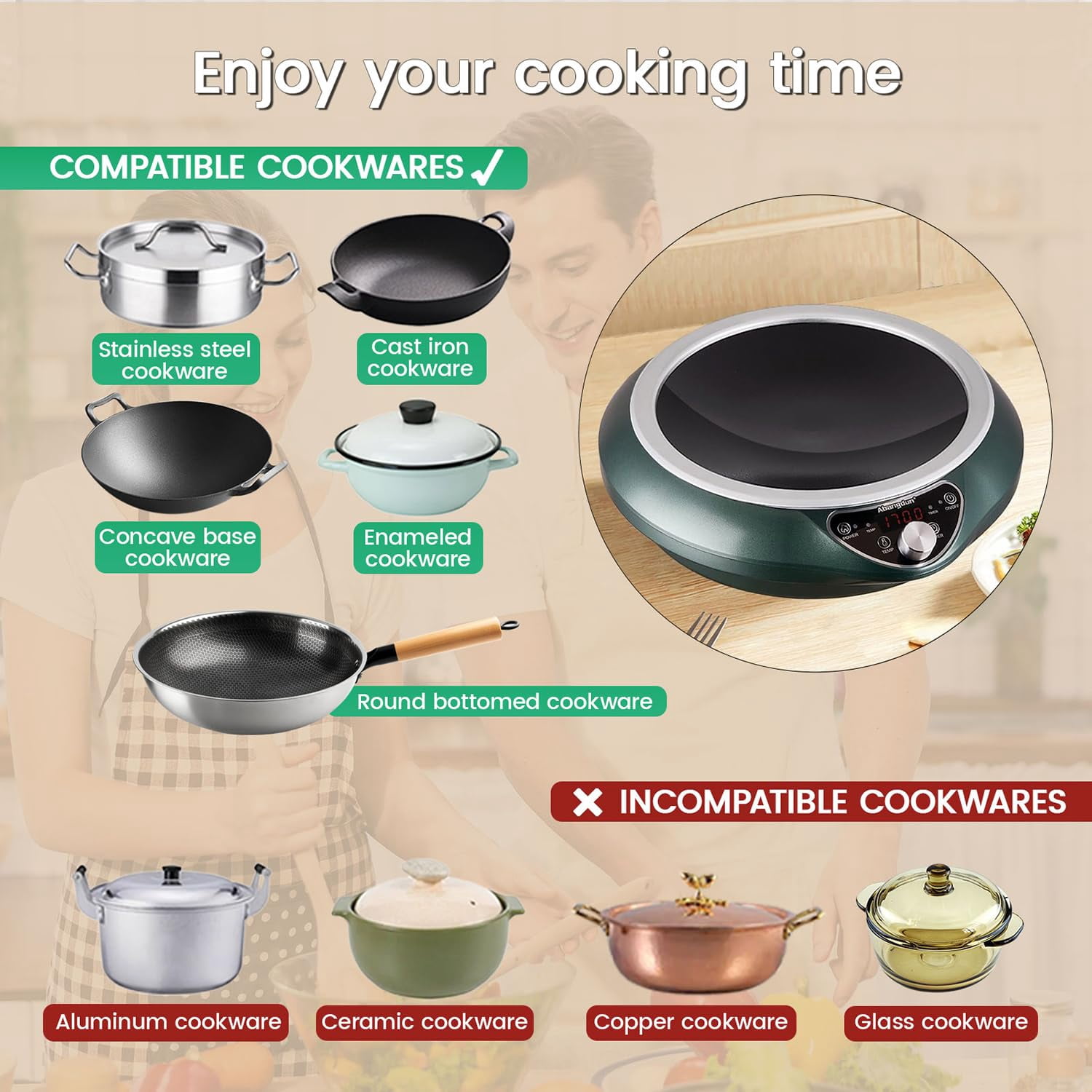 Abangdun 1700W 85V~120V Induction Cooktop with 13' Stainless Steel Wok Pan Electric Burner 1.06″ Curved Surface Concave 18h Timer Real Precise Power/Temp Ctrl 16 Watts 200~1700 No Pulsing on/off when