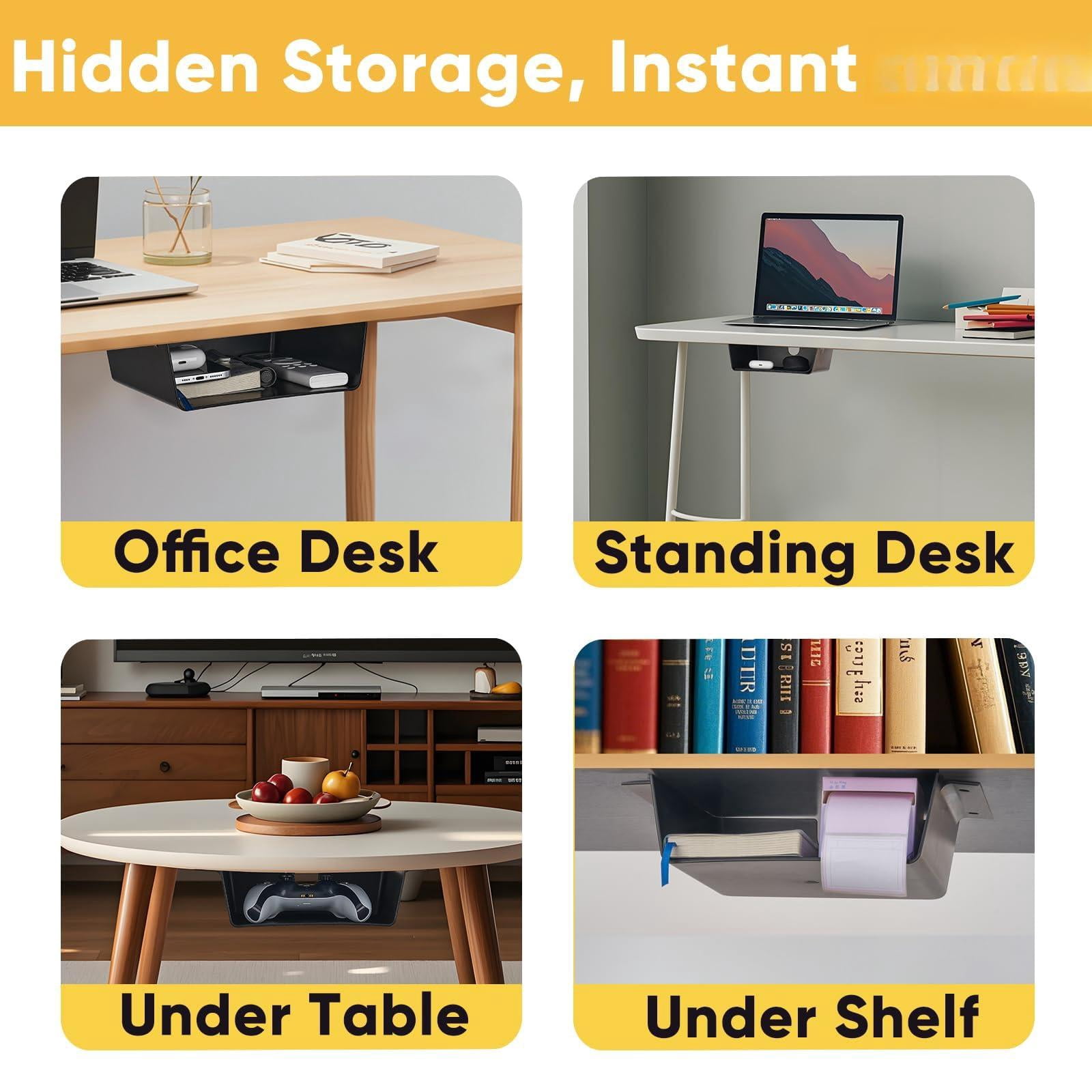 2 Pack Under Desk Hanging Shelf Drawer Organizer  Attachable Plastic Storage Tray Easy Adhesive Mount Holder For Standing Tables Office Counters Cabinets Workstations - Black