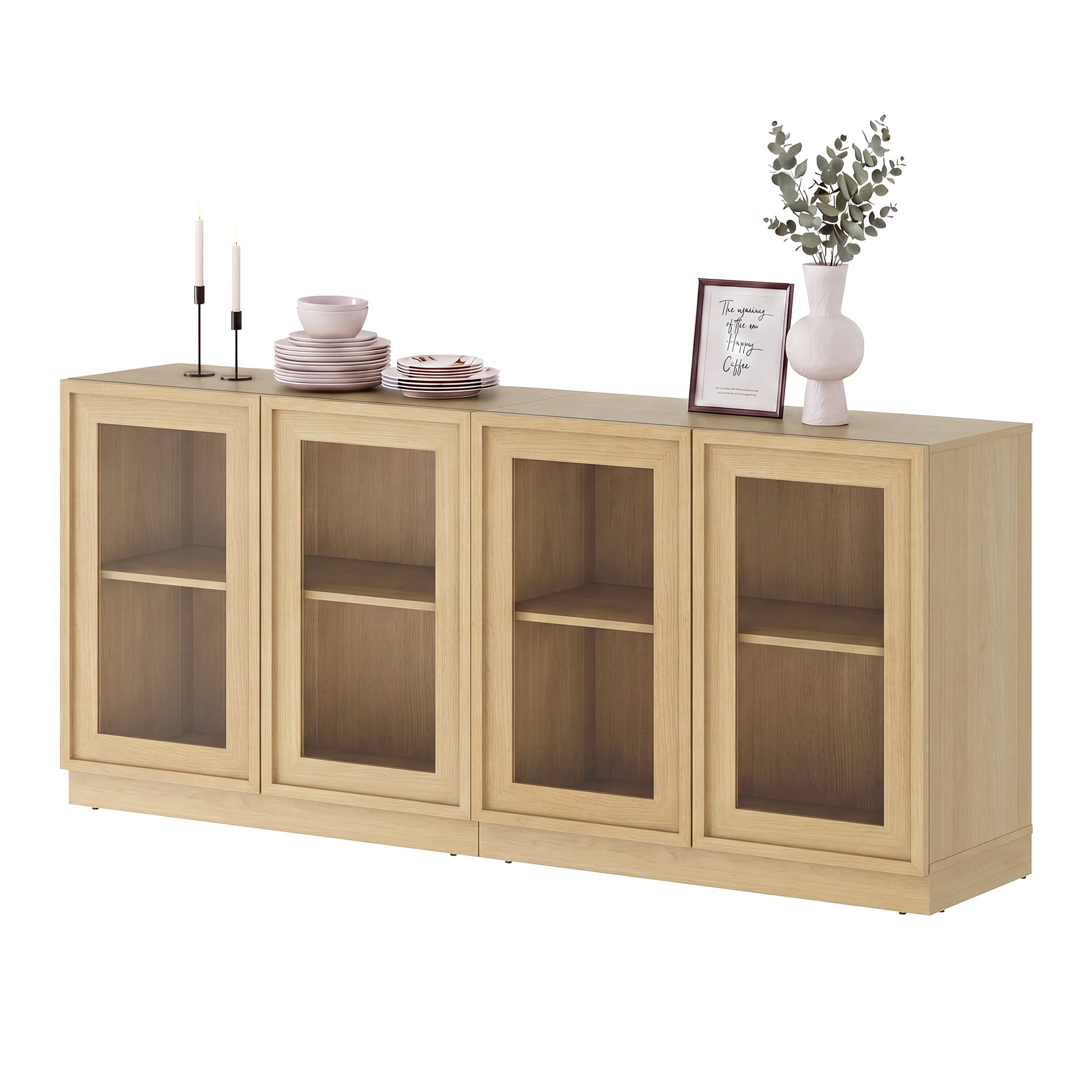 WAMPAT Modern TV Stand for TVs Up to 70", 2-in-1 Entertainment Center TV Console with 4 Glass Doors and Adjustable Shelf, Wooden Media Console Cabinet for Living Room, Bedroom, Oak