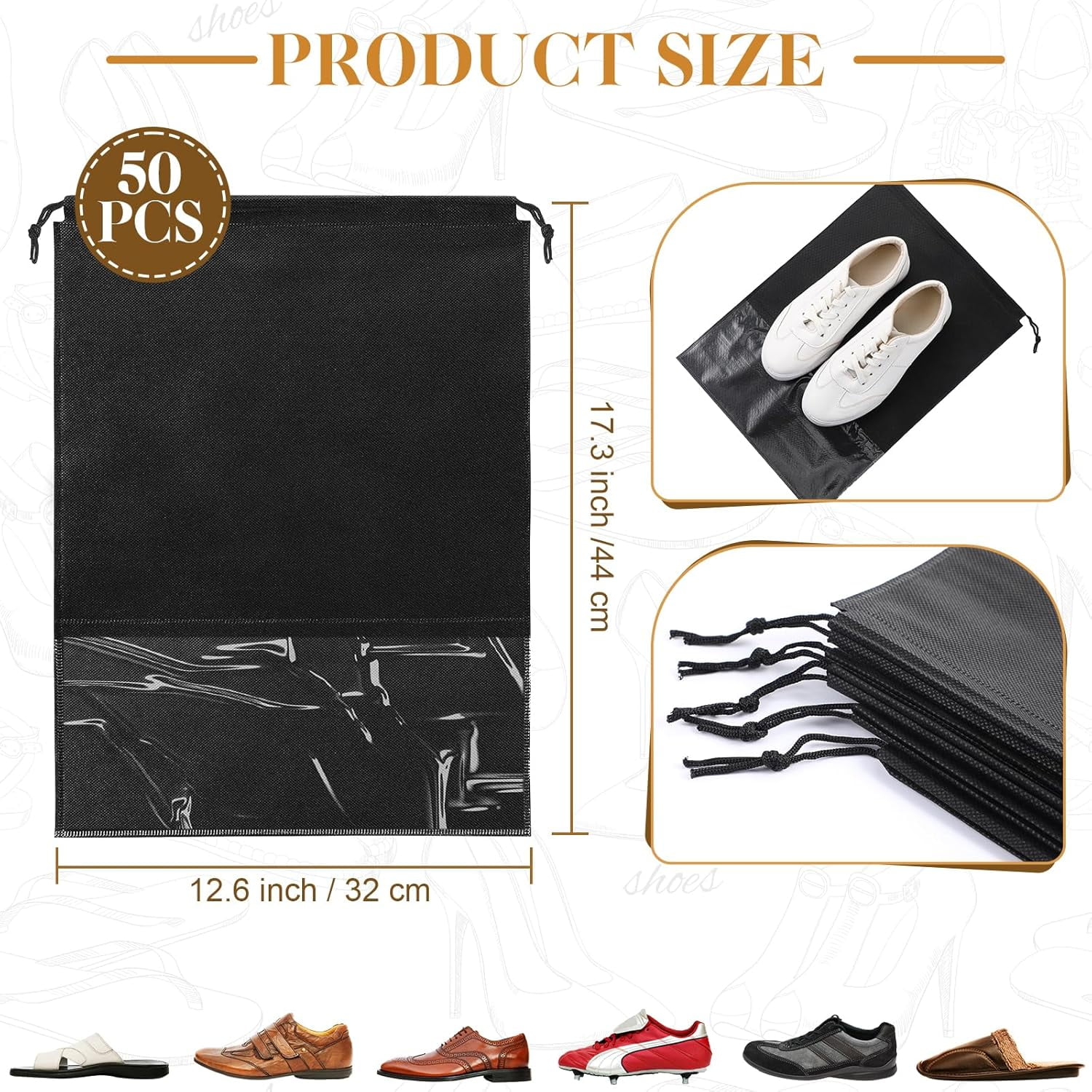 50 Pcs Black Shoe Bags for Travel Large Non Woven Drawstring Shoes Organizers Pouch for Packing Portable Storage Bags Carrier for Women Men Travel Storage, 12.6x17.3 Inches