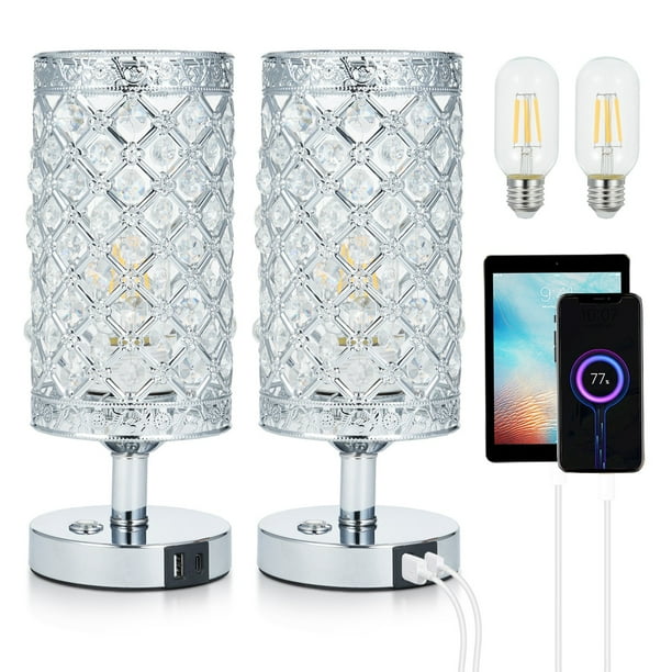 Lámpara De Escritorio Táctil De Cristal, Bombilla LED Blanca Cálida De 3000K Con Puerto De Carga USB C + A, Batería De 4000MAH, Luz Para Mesita De Noche De Dormitorio, 2 Uds.