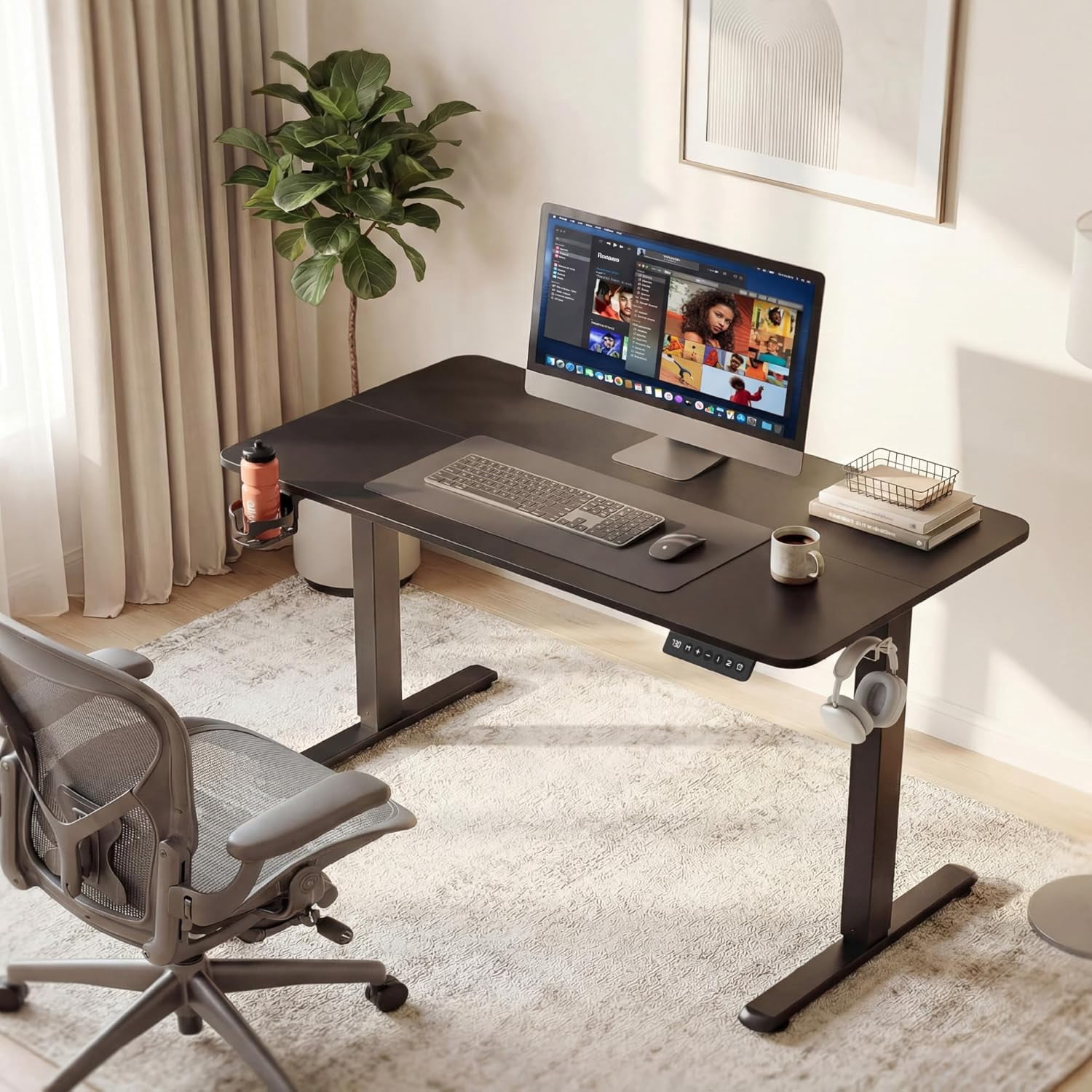 CHTER Electric Standing Desk, 45 x 24 Inches Height Adjustable Sit Stand up Desk, Memory Preset Computer Home Office Desks with Sturdy Metal Frame, Phone Stand Cable Management Hole (Black, 45'')