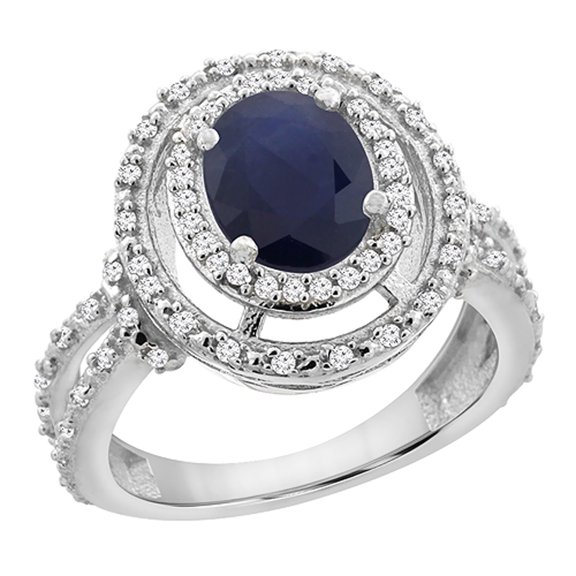 14K White Gold Natural HQ Blue Sapphire Ring Oval 8x6 mm Double Halo Diamond, size 5
