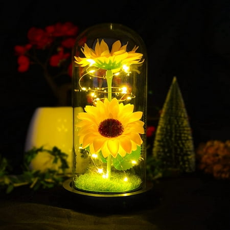 Artificial Sunflower Girasoles Gift in Glass Dome Mother's Day Gift Birthday Gift for Her, Mom, Woman, Girlfriend, Wife, Anniversary, Wedding, Yellow Artificial Flowers