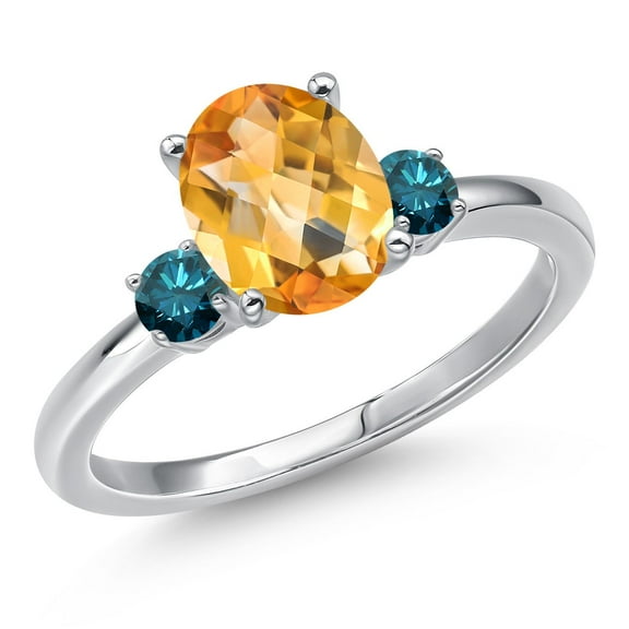 Gem Stone King 14K White Gold Yellow Citrine and Blue Diamond Engagement Ring for Women | 1.85 Cttw | Oval Checkerboard 9X7MM | Gemstone November Birthstone | Size 9