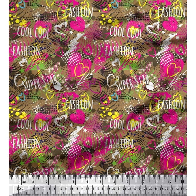 Soimoi Brown polyester Crepe Fabric Heart,Star & Fashion Text Print Sewing Fabric Yard 42 Inch Wide