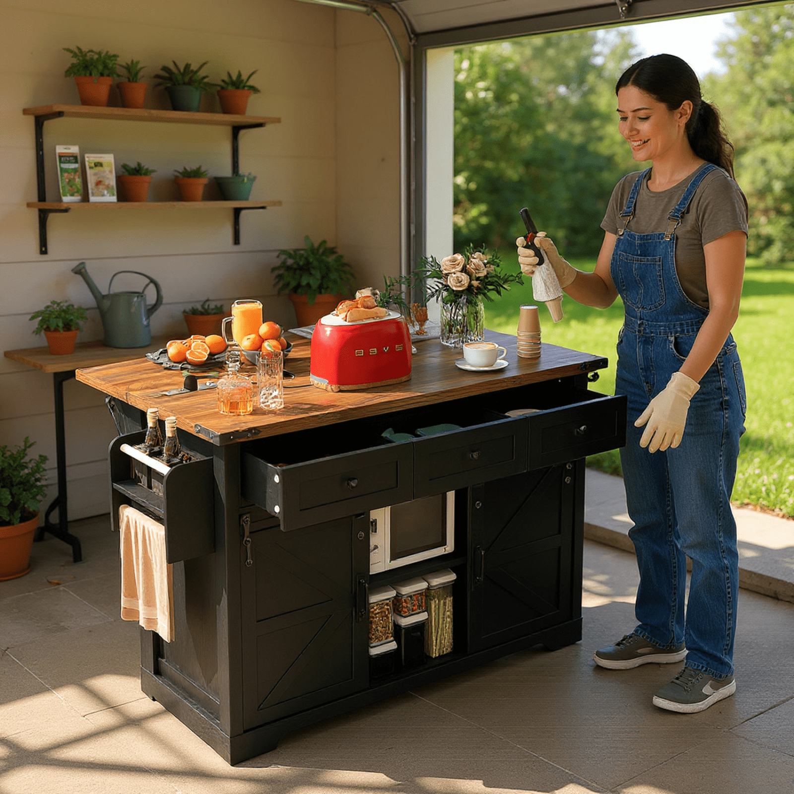 Homy Casa 53.8" Black Garage Storage Cabinet with Sliding Barn Doors, Power Outlets, Adjustable Shelves
