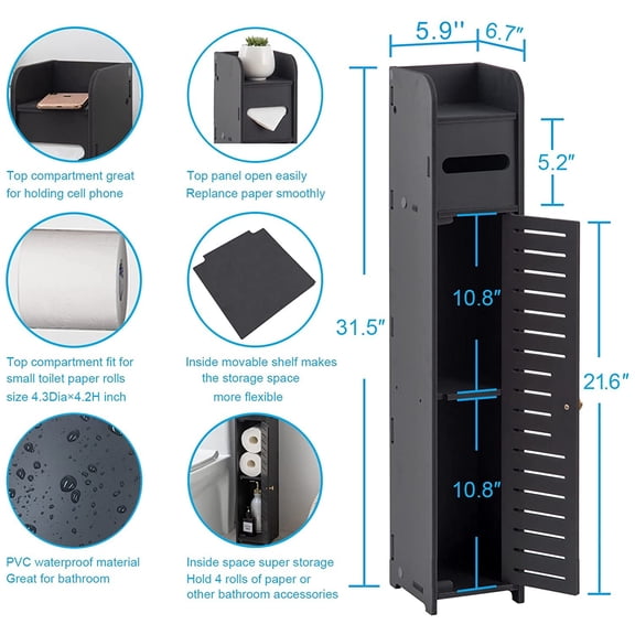 Small Bathroom Storage Cabinet with Toilet Paper Holder, Black, Waterproof PVC