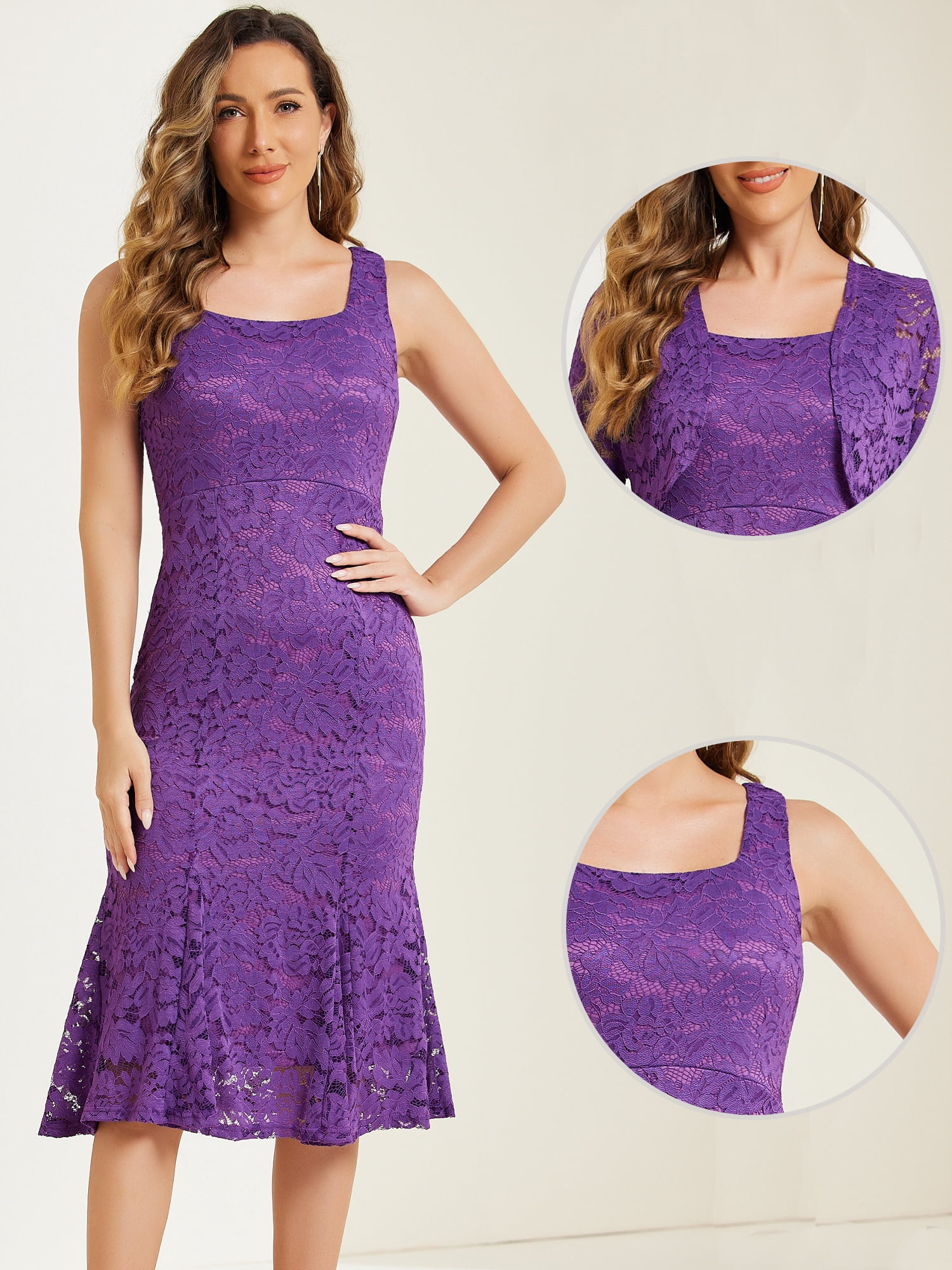 DARING DIVA Women's Fishtail Sheath Open Front Shrugs 2pc Lace Dress S Purple