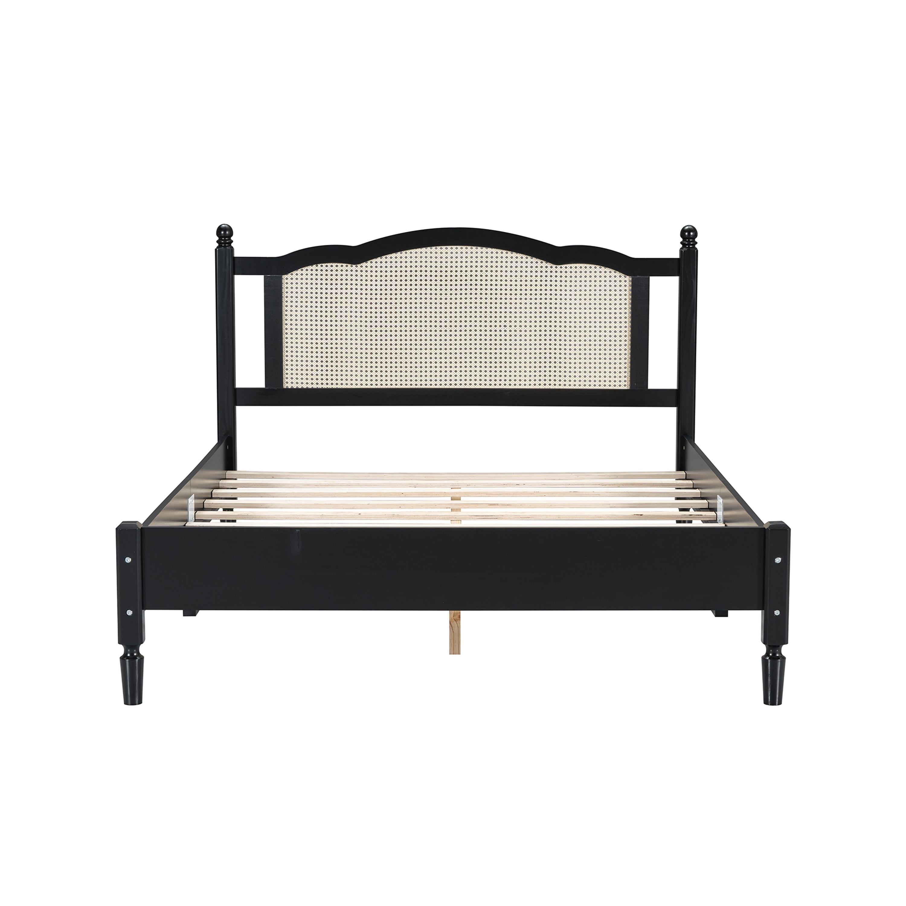 Euroco Wood Queen Size Platform Bed with Rattan Headboard for Living Room, Black