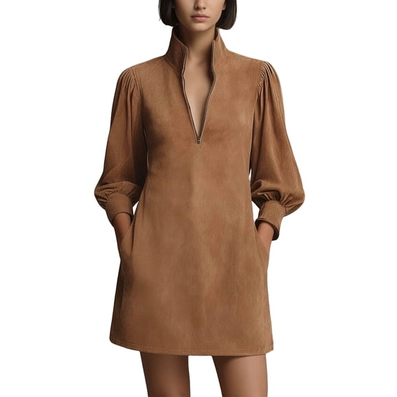 Women's Faux Suede Mini Dress Casual Long Sleeve Half Zip Stand Collar Dress with Pockets