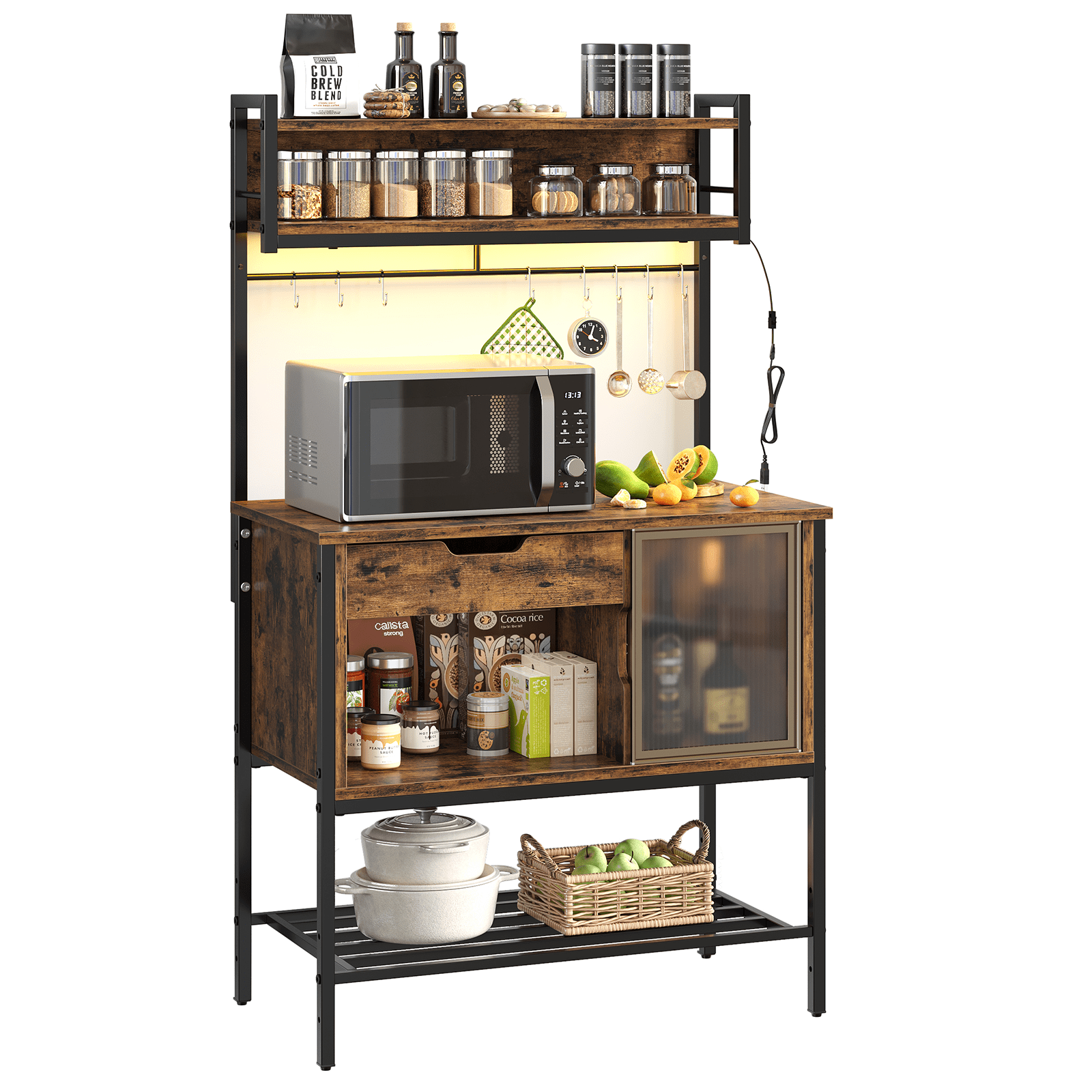 Besiter 60" Kitchen Baker's Rack with LED Light 6-Tier Microwave Stand with Storage Drawer Cabinet & 8 Hooks, Rustic