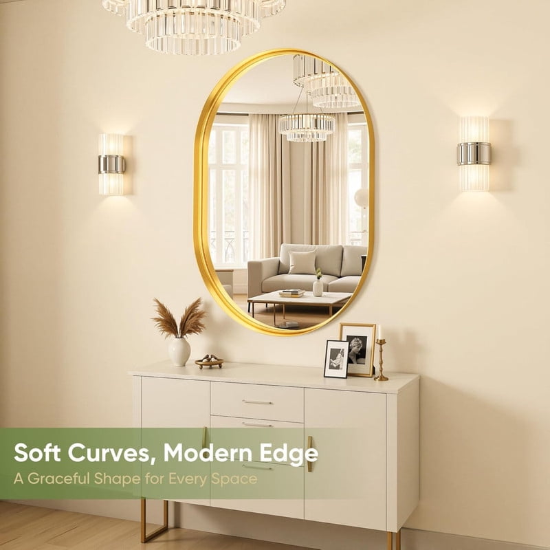 AUROMIR 38"x22" Oval Bathroom Mirror Wall Mounted Mirror with Deep Frame, Gold