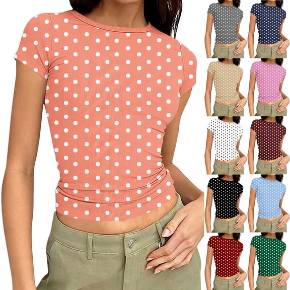 FRSASU Women's Short Sleeve Slim Fit Polka Dot Printed Shirt Summer Crewneck T Shirt Basic Tops White