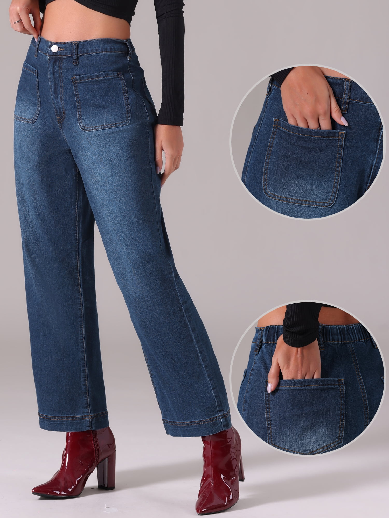 DARING DIVA Women's Wide High Waisted Stretchy Jeans Buttoned Denim Pants S Dark Blue