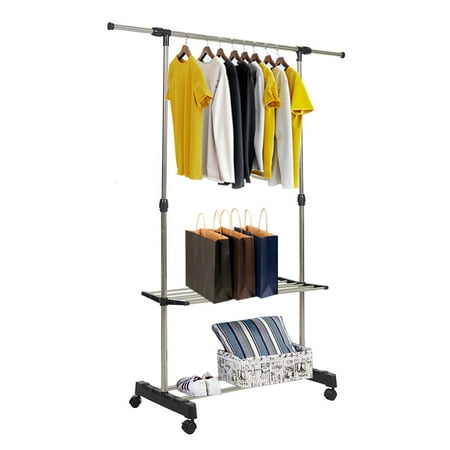 Garment Storage Racks KARMAS PRODUCT Rolling Clothing Rack Single Rod Height Length Adjustable Hang Garment Rack with Top Rod and Two Storage Shelf ()