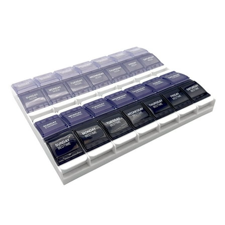 Ezy Dose Weekly (7-Day) Pill Organizer with Push Button Compartments & Gray Lids, 4 Times a Day