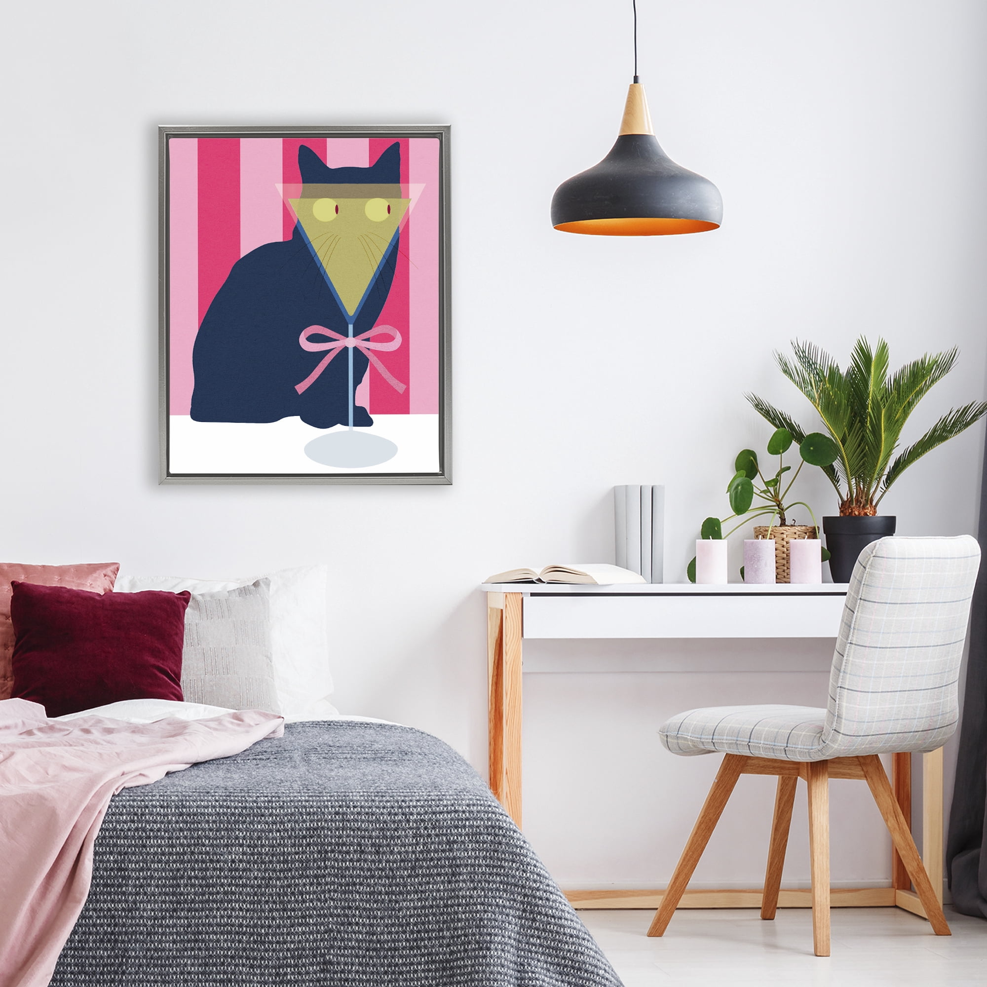 Stupell Industries Playful Striped Cat with Martini Gray Framed Floater Canvas Wall Art, design by Lil' Rue