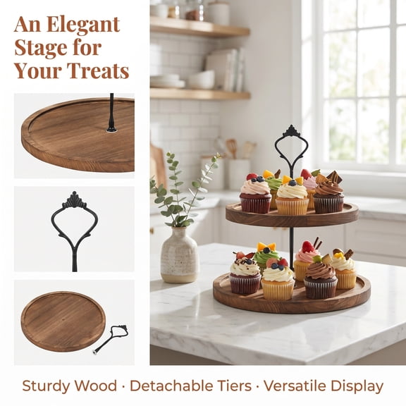 Wood Cupcake Stand 2 Tiers Wood Cupcake Holder Round Tiered Display Stand Detachable Cupcake Serving Tray Decorative Dessert Serving Stand Cookie Stand for Home Party Office