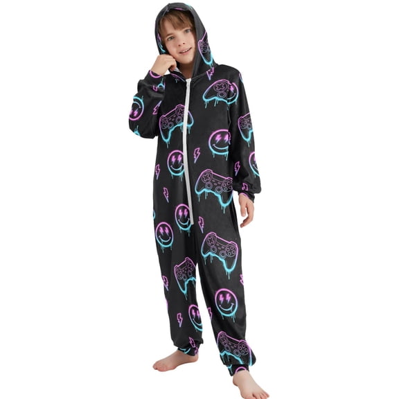JOOGOO Game Controller Gradient Pattern Unisex Onesie Pajamas Jumpsuit Kids One-Piece Hooded Sleepwear 7-8T