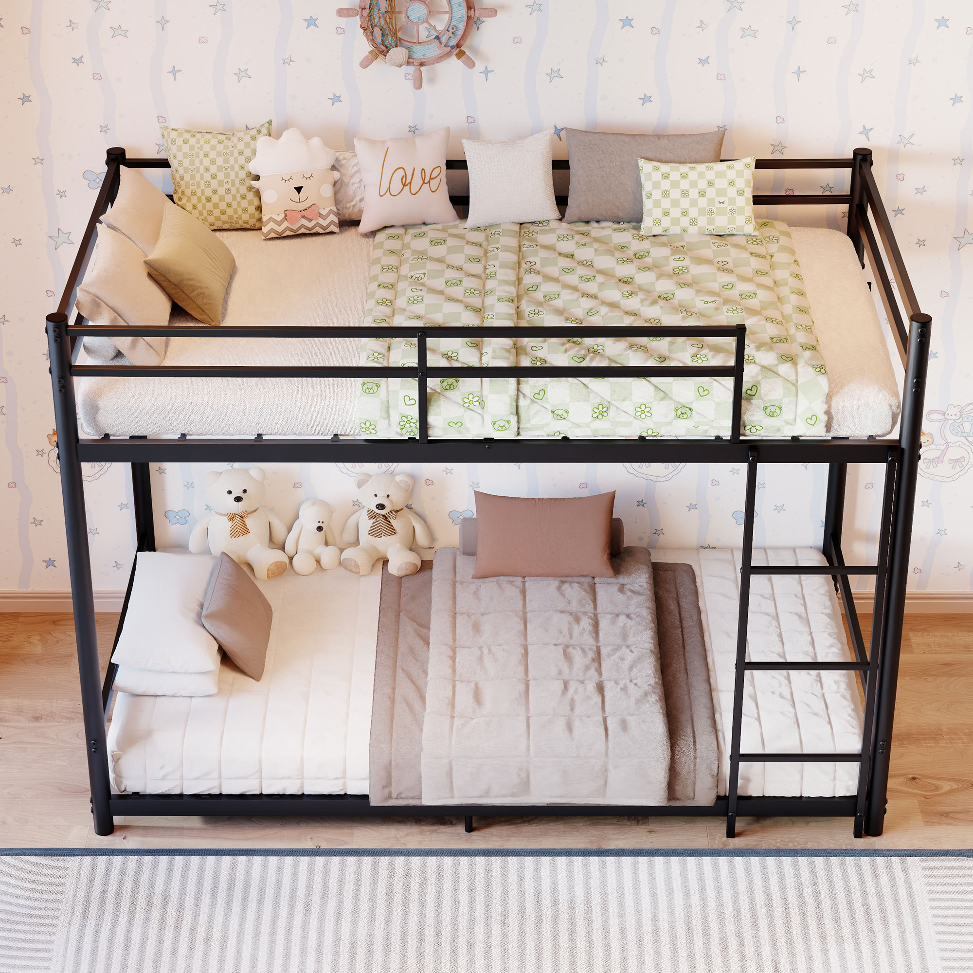 MAYEERTY Low Profile Metal Bunk Bed, Heavy Duty Twin Over Twin Bed Frame with Full-Length Guardrails, for Kids Teens Adults, Supports 330-440 lbs, No Box Spring Needed